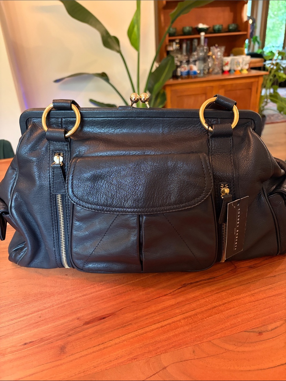 Sondra Roberts NWT Black Leather Satchel with gold hardware.